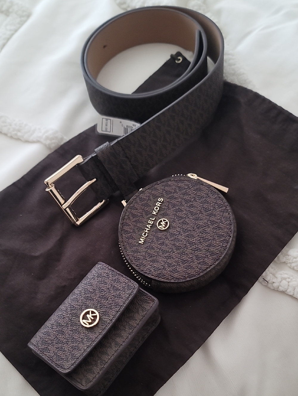Michael Kors Brown Logo Belt Set with Coin Pouch and Card Wallet - Picture 1 of 4